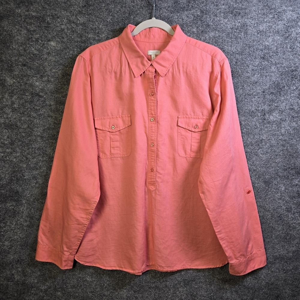 Talbots Shirt Womens XL Coral Linen Blend Long Sleeve Button Up Roll Tab